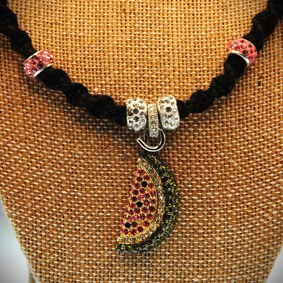 Adorable Rhinestone Watermelon Slice on a 21" Handmade Black Hemp Chain - Picture 5 of 6